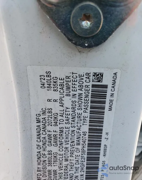 2023 Honda Civic Sport from USA, damaged, VIN 2HGFE2F58PH540746